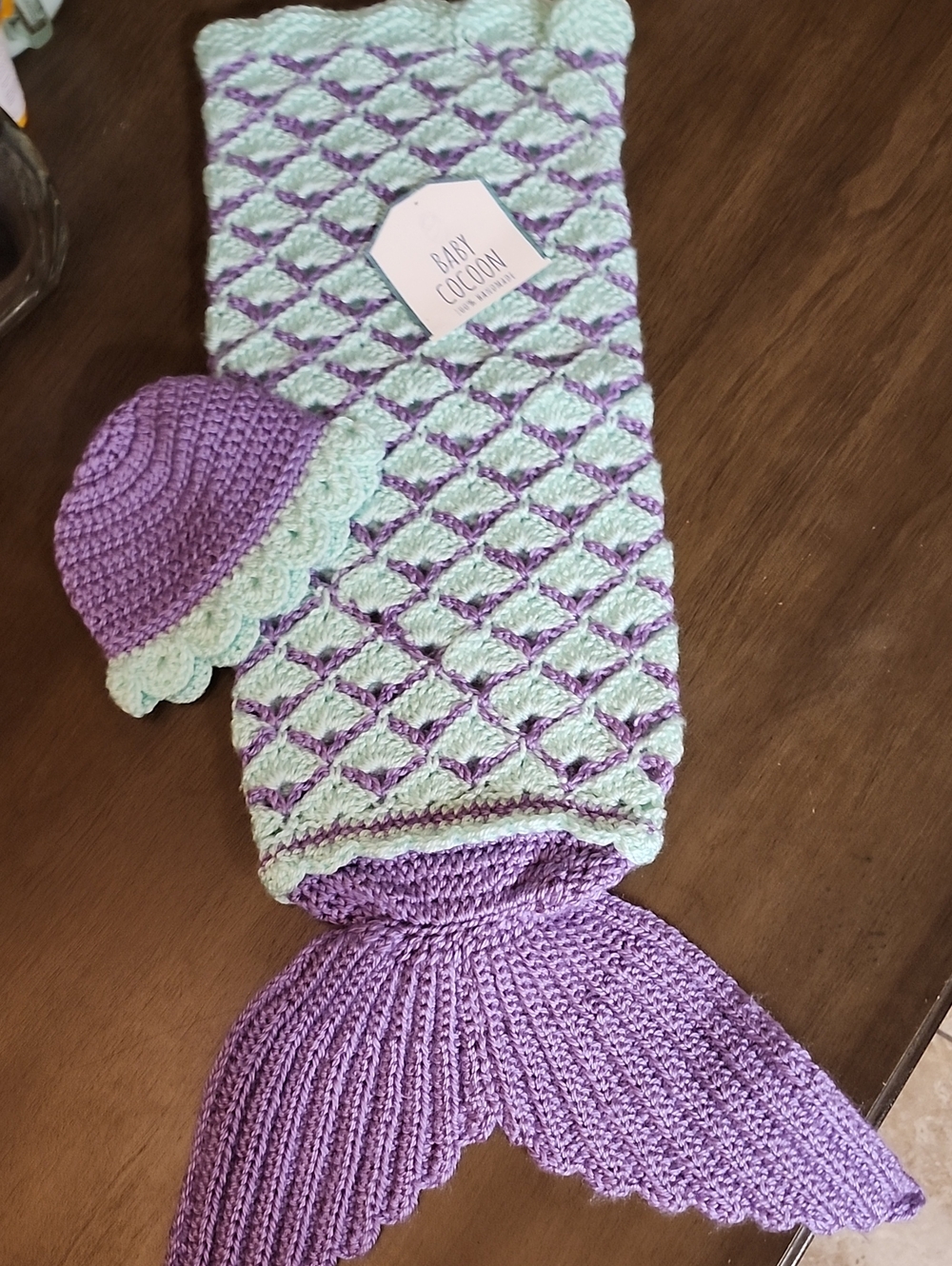 Lavender & Mint Mermaid Tail Baby Cocoon With Hat  -